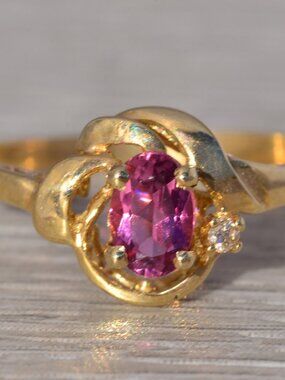 Vintage Pink Tourmaline & Diamond Ring in 14k Yellow Gold